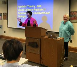 Wang Zheng and Abby Stewart present to seminar attendees in Lane Hall