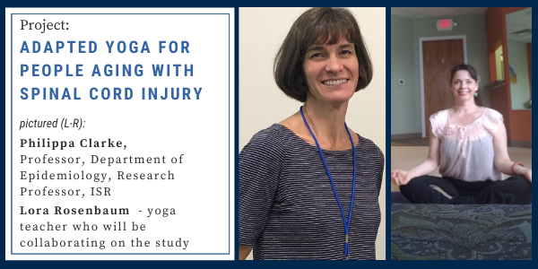 Photos of Philippa Clark and Lora Rosenbaum, project title "Adapted Yoga for People Aging with Spinal Cord Injuries"