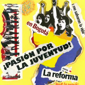 collage with image of women with raised fists and text "Pasion por la Juventud!"