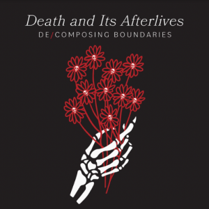 A drawing of a skeleton hand holding red flowers