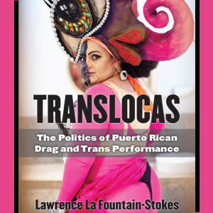 book cover with drag queen in pink and black dress with a decorative hat. She's looking over her shoulder at the viewer. The book title is overlaid in black and white text.