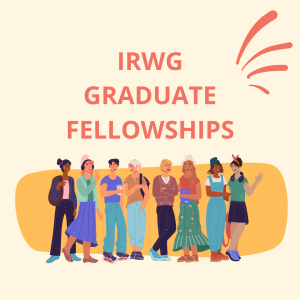 illustration of a group of young people standing in a line with text "IRWG Graduate Fellowships"