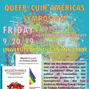 colorful text block: Queer/Cuir Americas Symposium, Friday, 9/20/19