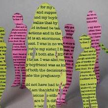 image of paper cutout silhouettes of people, with typed text on the bodies