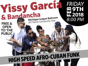 photo of 5 black musicians performing, with text "Yissy Garcia & Bandacha"