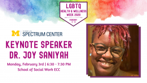 A photo of Dr. Joy Saniyah, a Black woman with red loc'd hair, glasses, and earrings. Date, time, and location is listed to the left of it.