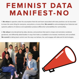 Feminist Data Manifest-No with group photo and megaphone illustration