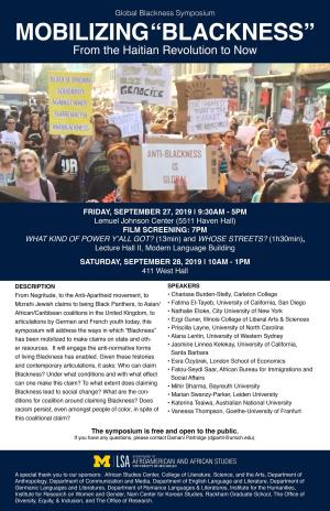 poster with information about Mobilizing Blackness symposium. Photo of large street protest.