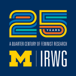 blue square with multicolored "25". Text reads 25 years: A quarter century of feminist research. The IRWG logo is at the bottom.