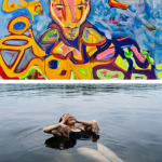 Panthropos (acrylic on canvas, 30 in. x 24 in., 2024) by R. Neis, and Pond Games (photograph, pigment print, 40 in. x 30 in., 2022) by A. Vetter.
