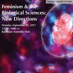 color rendering of a cell with text "Feminism and the Biological Sciences: New Directions"