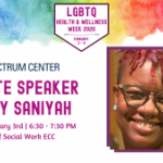 A photo of Dr. Joy Saniyah, a Black woman with red loc'd hair, glasses, and earrings. Date, time, and location is listed to the left of it.
