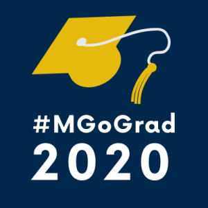 blue square with grad cap and "#MGoGrad: 2020"