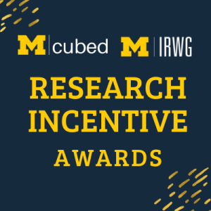 Blue square with Mcubed and IRWG logos. Research Incentive Awards