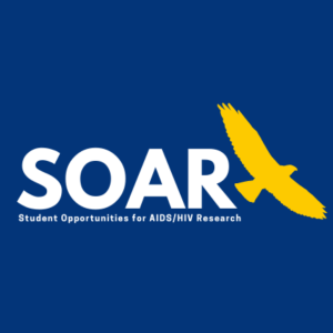 Blue square with a yellow silhouette of a bird flying. In the center in large white font is text that reads 'SOAR: Student Opportunities for AIDS/HIV Research"