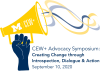 logo of a hand holding a megaphone with text: "CEW+ Advocacy Symposium Kick-off Event: Creating Change through Introspection, Dialogue, and Action, September 10, 2020"