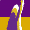 purple and yellow graphic with silhouette of women with her fist raised in the air